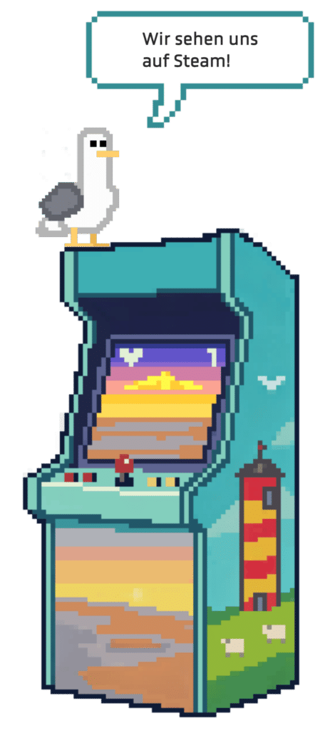 Pixel-Möwe auf dem Arcade-Automaten mit Sprechblase: Wir sehen uns auf Steam!