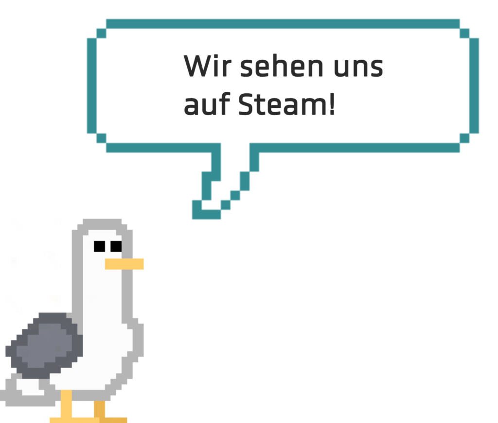 Pixel-Möwe mit Sprechblase: Wir sehen uns auf Steam!